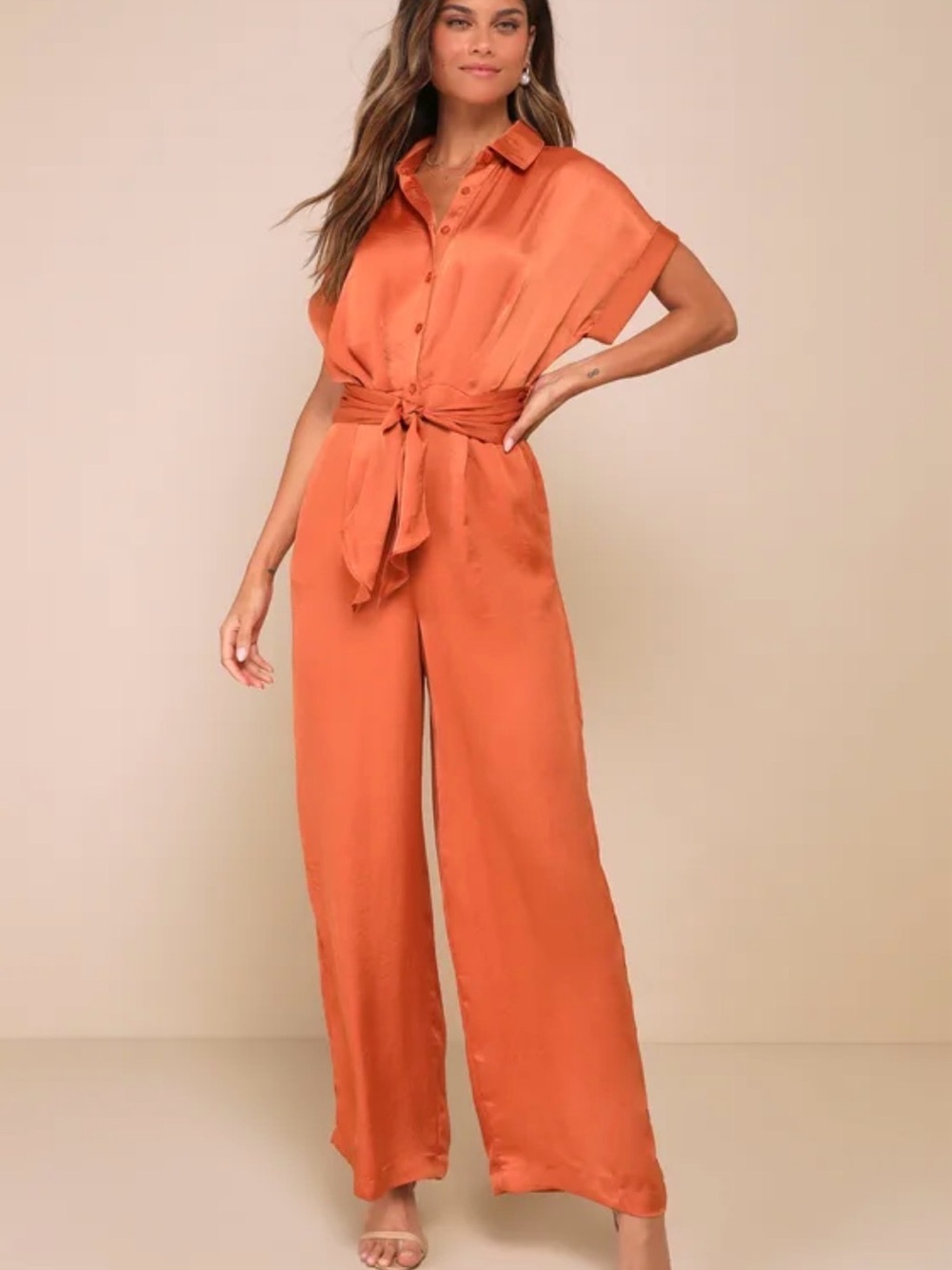 Steve Madden Rust Orange Satin Tie-Front Button-Up Collared Jumpsuit